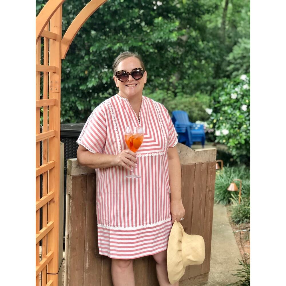 NWOT August Morgan "Aperol Spritz" Striped Embellished Comfort Caftan Dress L/XL